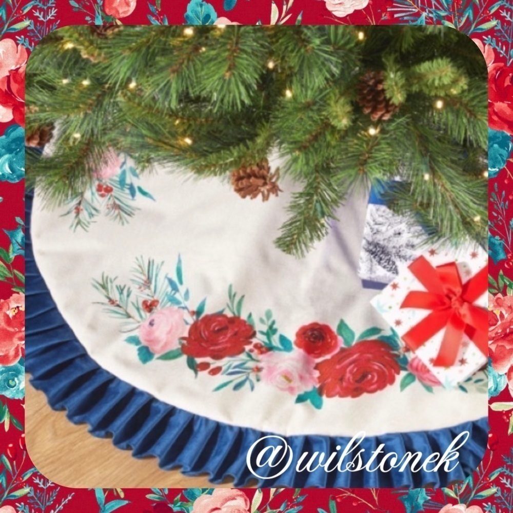 Last one - The Pioneer Woman Blue Ruffle & Red Roses Christmas Tree Skirt, 48":